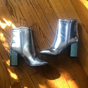 Silver shoes with blue glitter heels